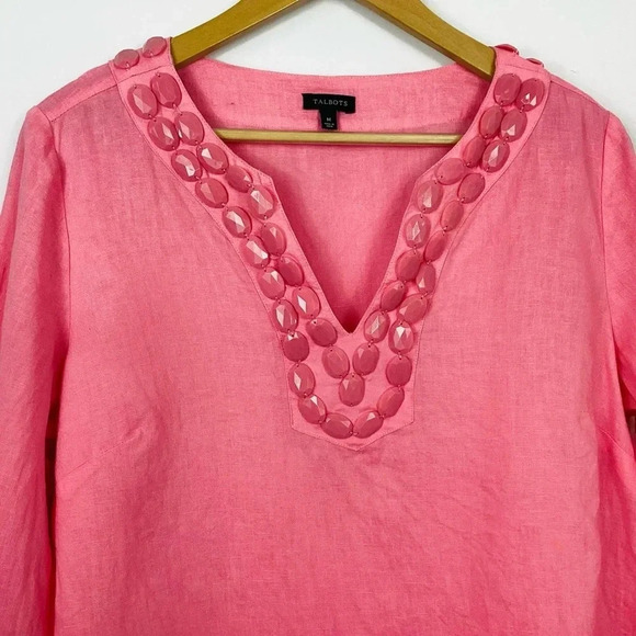 Talbots Pink Linen Beaded Neckline Tunic Top Size Medium - Picture 2 of 7